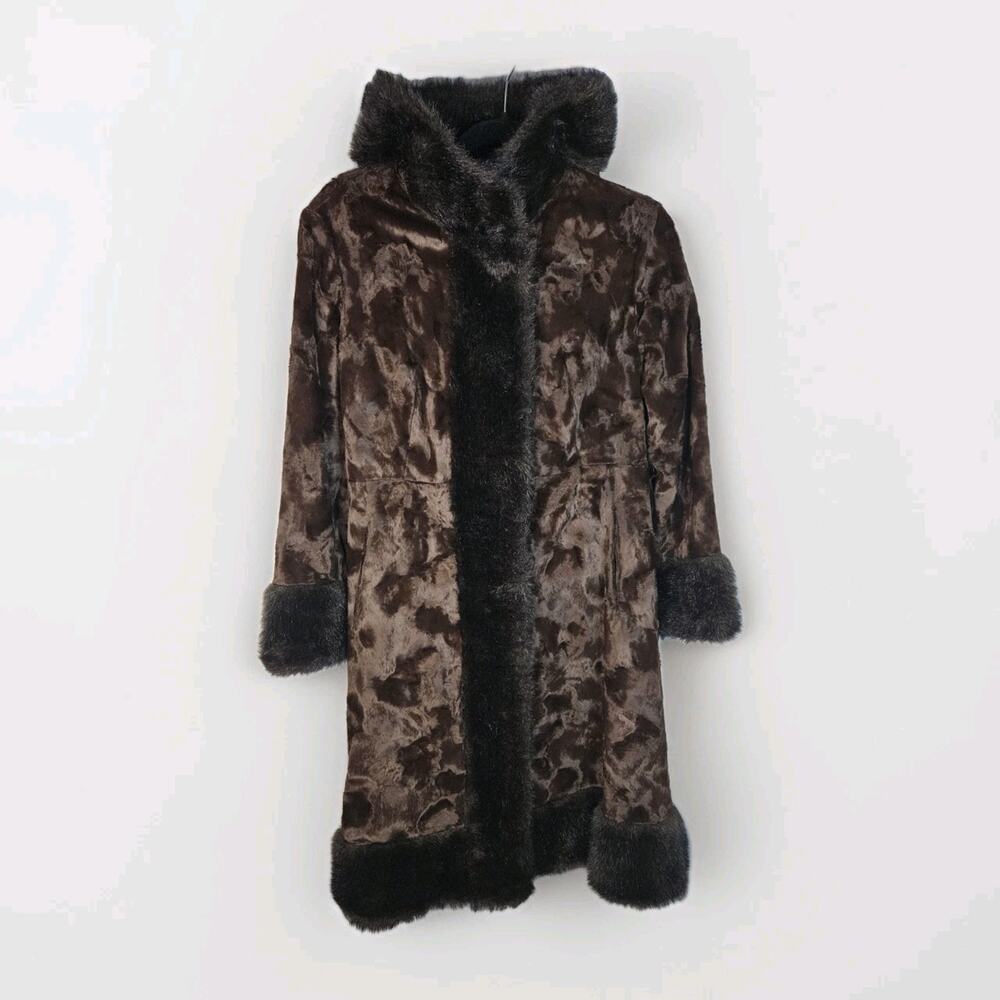 Vintage Union Made Faux Fur Coat Chocolate Brown Mod Full Length Size Small Glam